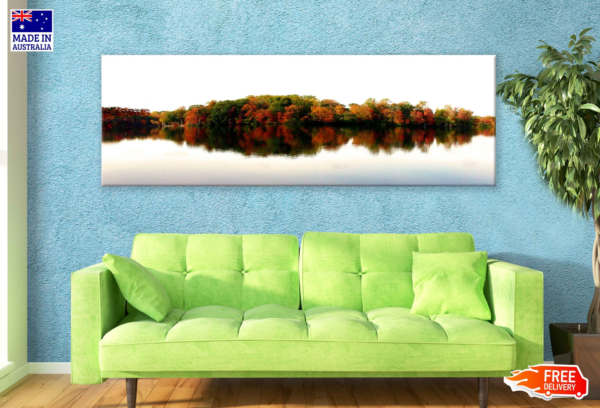Panoramic Canvas Autumn Trees & Lake Photograph High Quality 100% Australian Made Wall Canvas Print Ready to Hang