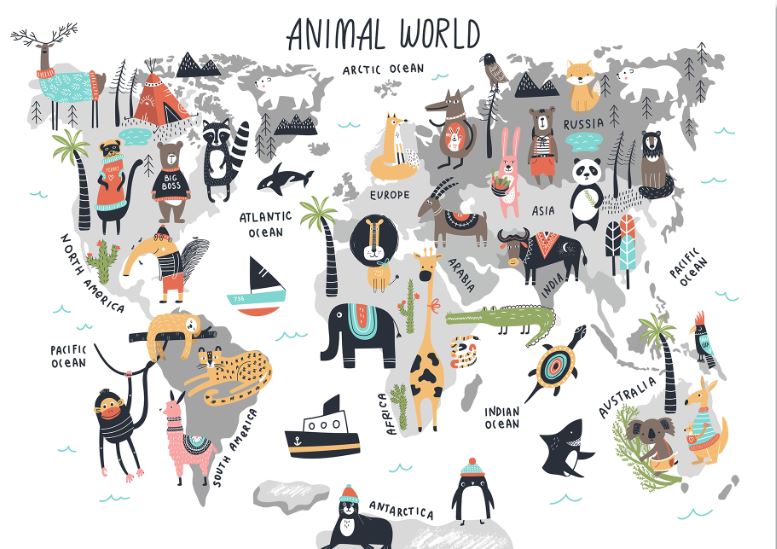 Kids Animal's World Map Art Print 100% Australian Made