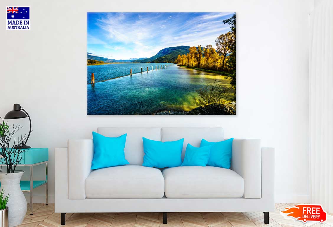 Autumn Trees near Lake & Blue Sky View Photograph Print 100% Australian Made