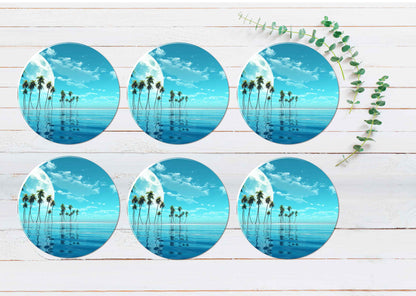 Palms Beach Pool & Moon Blue Sky View Coasters Wood & Rubber - Set of 6 Coasters