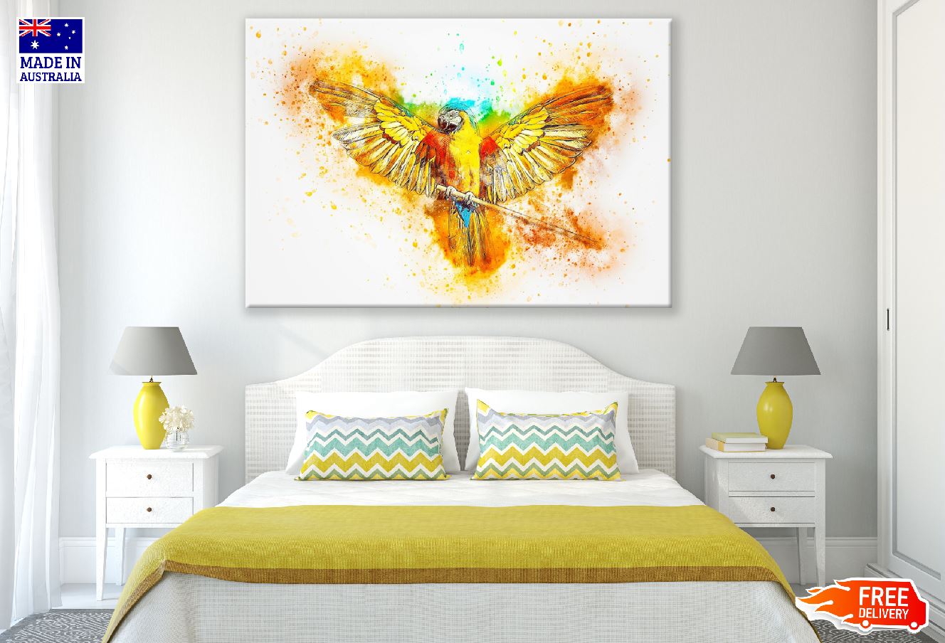 Yellow Red & Blue Parrot Abstract Design Print 100% Australian Made