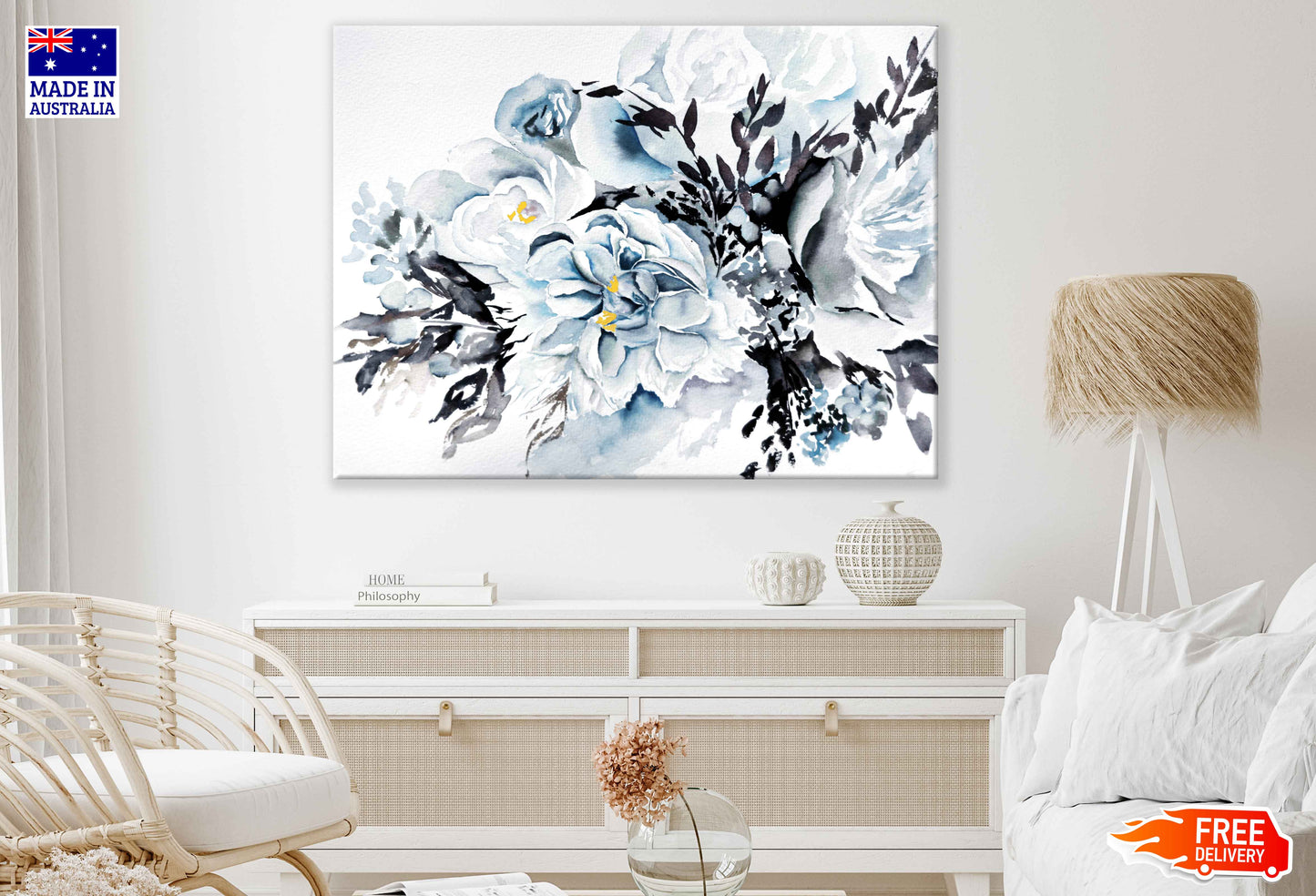 Blue White Flower with Leaves Watercolor Painting Print 100% Australian Made