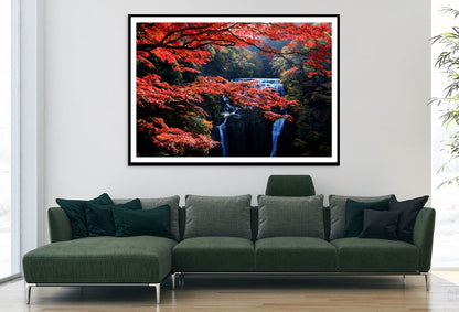Autumn Levaes Branch & Waterfall Scenery View Home Decor Premium Quality Poster Print Choose Your Sizes