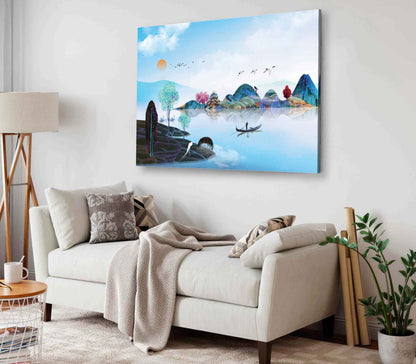 Bella Home Boat on Lake 3D Mural Landscape Print Canvas Ready to hang