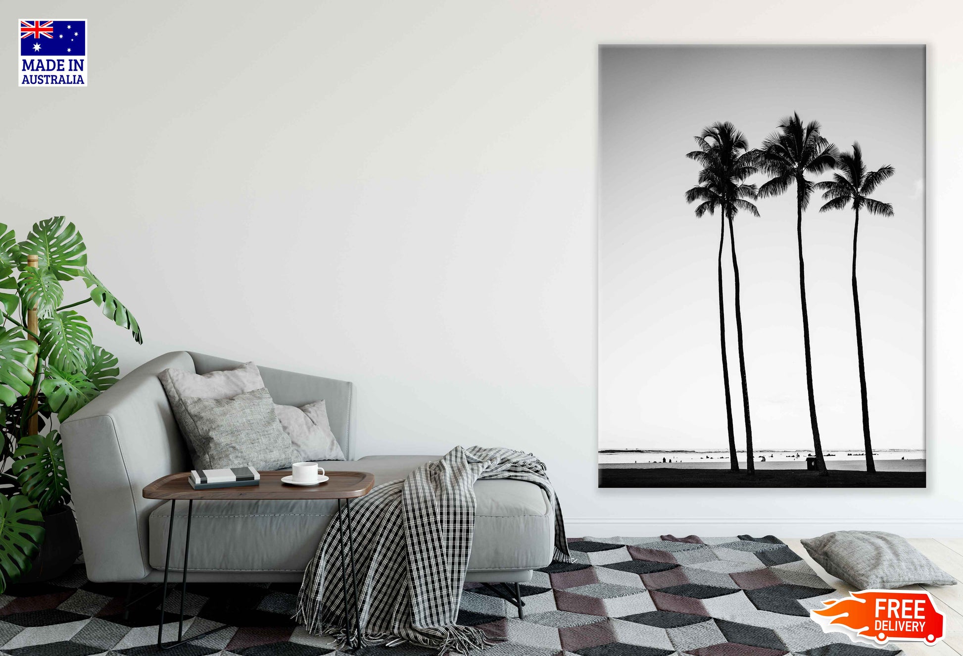 Palm Trees Near Sea B&W View Print 100% Australian Made