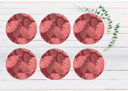 Red Vector Leaves Coasters Wood & Rubber - Set of 6 Coasters