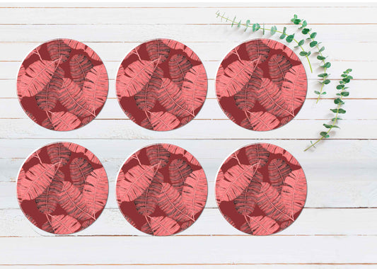 Red Vector Leaves Coasters Wood & Rubber - Set of 6 Coasters