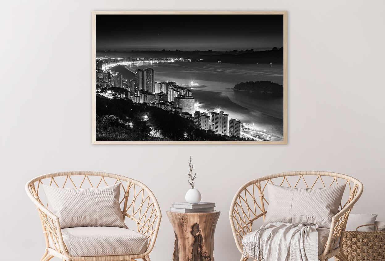 City Building near Sea Aerial B&W View Home Decor Premium Quality Poster Print Choose Your Sizes