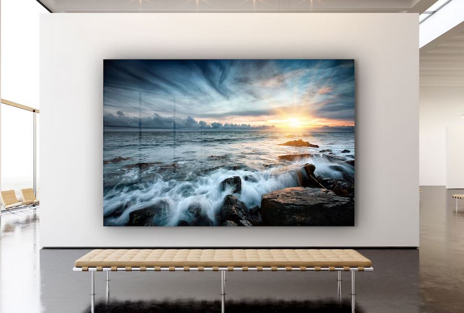 Ocean Sunset Beach Print Tempered Glass Wall Art 100% Made in Australia Ready to Hang