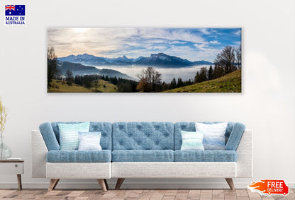 Panoramic Canvas Foggy Mountains View Photograph High Quality 100% Australian Made Wall Canvas Print Ready to Hang