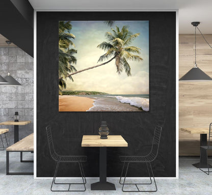 Square Canvas Palm Tree & Sea Vintage View Photograph High Quality Print 100% Australian Made