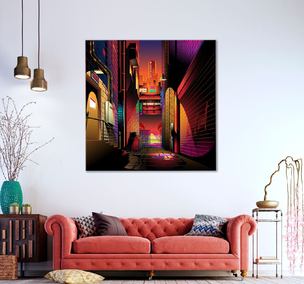 Square Canvas Dark City Alley Night View Photograph High Quality Print 100% Australian Made