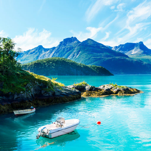 Square Canvas Mountains Lake & Boats Photograph High Quality Print 100% Australian Made