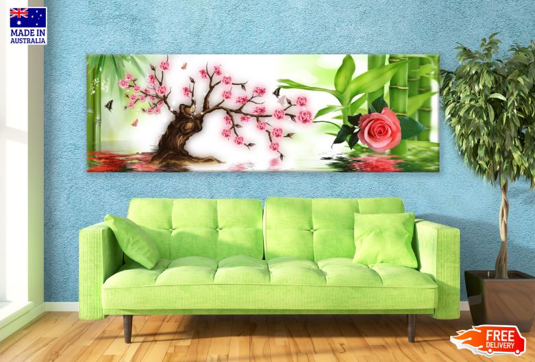 Panoramic Canvas Flower Tree & Rose Flower with Bamboo Tree High Quality 100% Australian Made Wall Canvas Print Ready to Hang