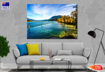 Autumn Trees near Lake & Blue Sky View Photograph Print 100% Australian Made