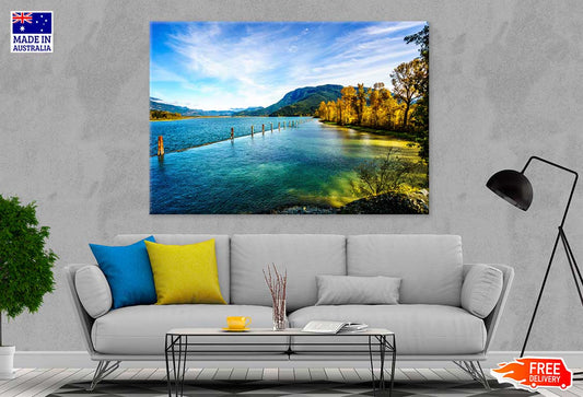 Autumn Trees near Lake & Blue Sky View Photograph Print 100% Australian Made