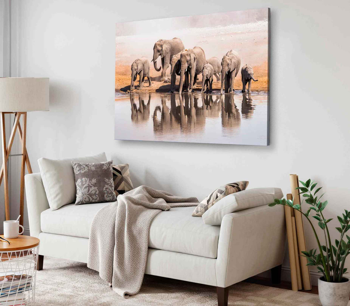 Bella Home Elephant Family Drinking Water From a Lake Print Canvas Ready to hang