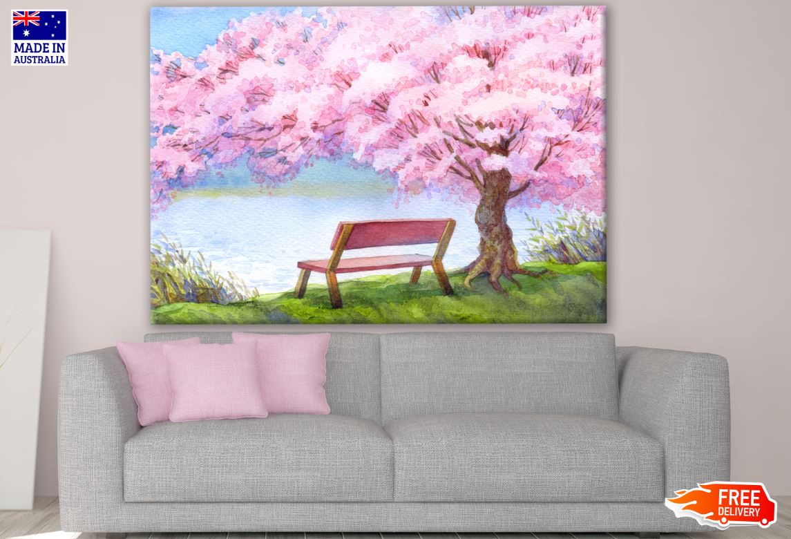 Blossom Tree & Bench Watercolor Painting Print 100% Australian Made