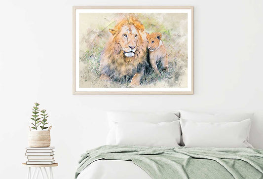 Lion with Cub Watercolor Painting Home Decor Premium Quality Poster Print Choose Your Sizes