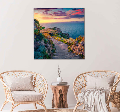 Square Canvas Footpath & Sea Sunset Scenery High Quality Print 100% Australian Made