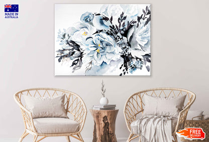 Blue White Flower with Leaves Watercolor Painting Print 100% Australian Made