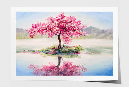 Pink Flower Tree in Lake Oil Painting Wall Art Limited Edition High Quality Print Unframed Roll Canvas None