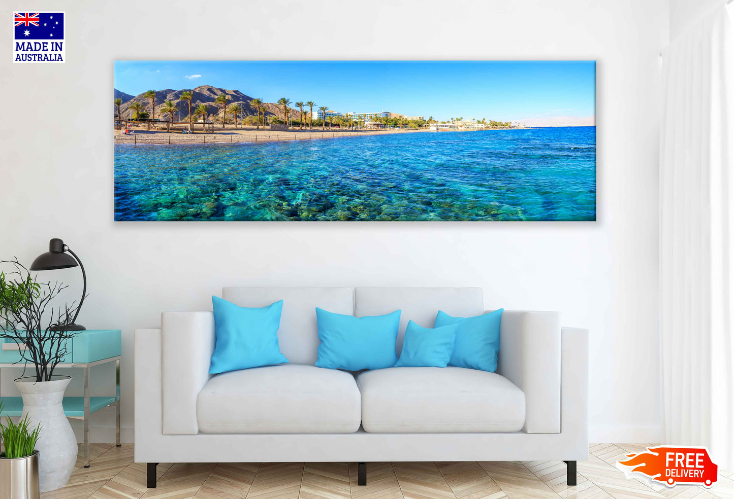 Panoramic Canvas Beach in Eilat View Photograph High Quality 100% Australian Made Wall Canvas Print Ready to Hang