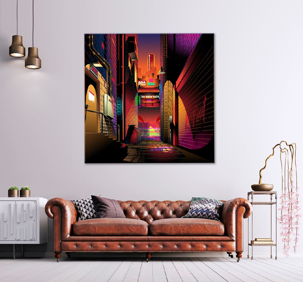 Square Canvas Dark City Alley Night View Photograph High Quality Print 100% Australian Made