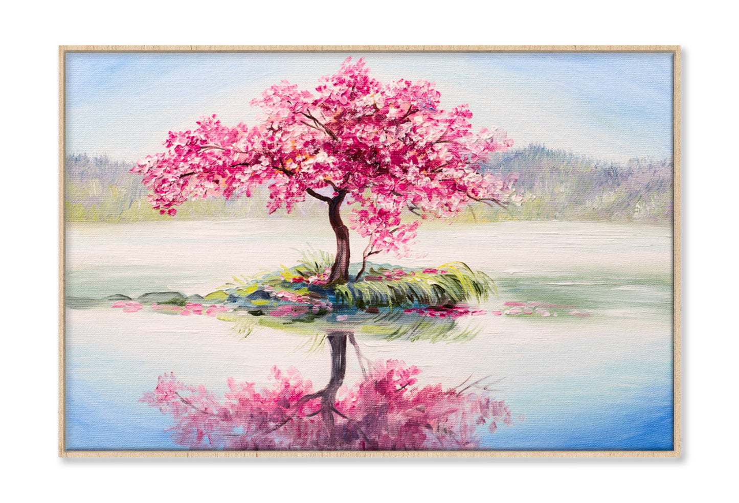 Pink Flower Tree in Lake Oil Painting Wall Art Limited Edition High Quality Print Canvas Box Framed Natural