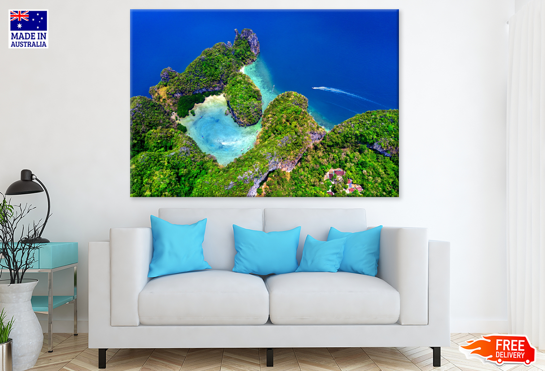 Rock Mountain & Boat On Sea View Photograph Print 100% Australian Made