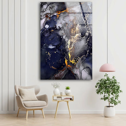 Blue Grey & Gold Abstract Design Acrylic Glass Print Tempered Glass Wall Art 100% Made in Australia Ready to Hang