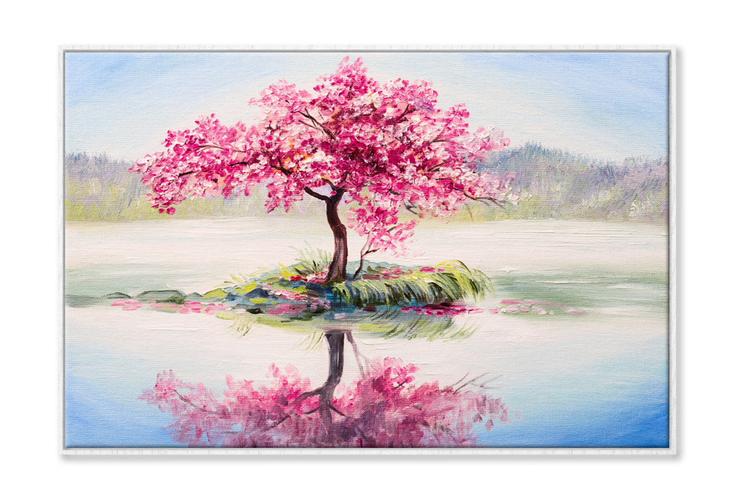 Pink Flower Tree in Lake Oil Painting Wall Art Limited Edition High Quality Print Canvas Box Framed White