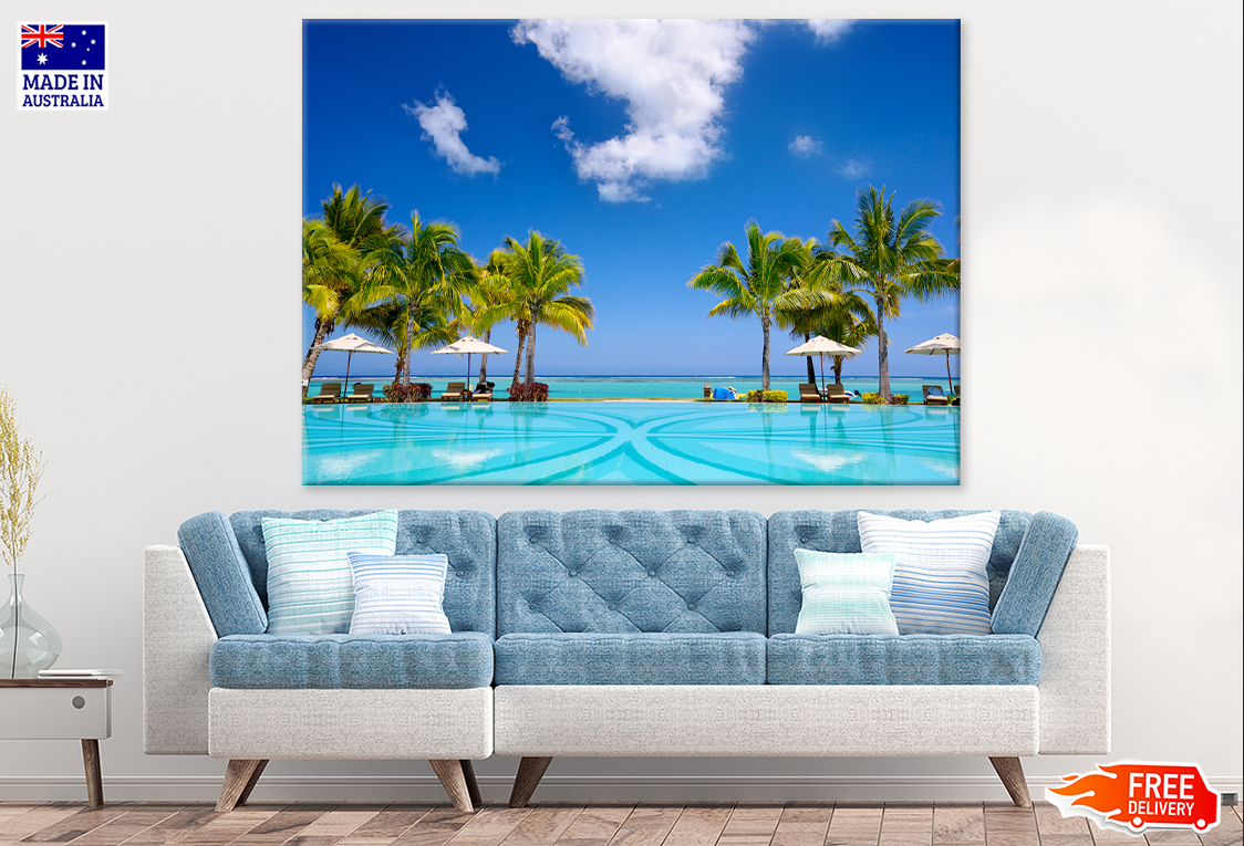 Palm Trees With Swimming Pool & Sea Sky View Photograph Print 100% Australian Made