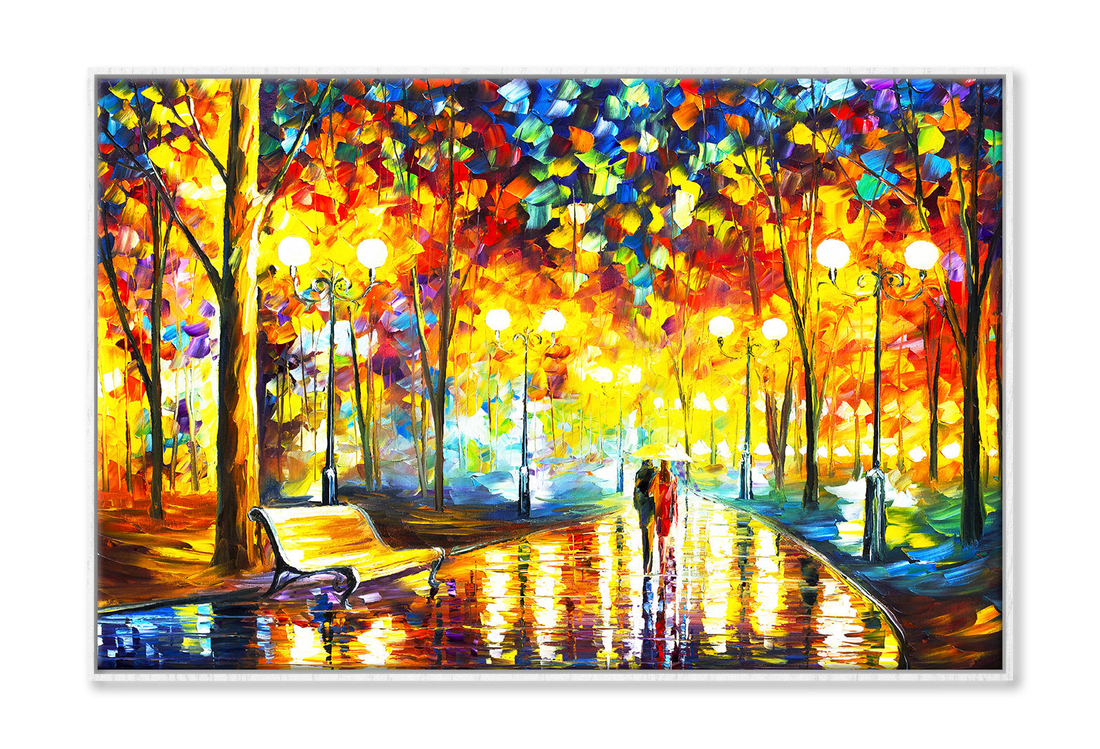 Couple Walking on Road with Autumn Trees Oil Painting Wall Art Limited Edition High Quality Print Canvas Box Framed White