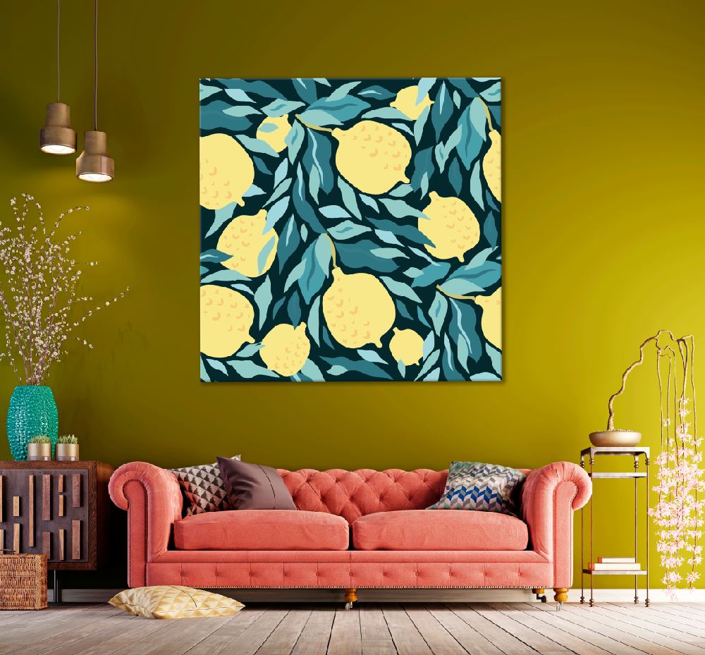 Square Canvas Lemon & Leaves Vector Art Design High Quality Print 100% Australian Made