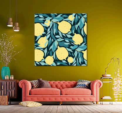 Square Canvas Lemon & Leaves Vector Art Design High Quality Print 100% Australian Made