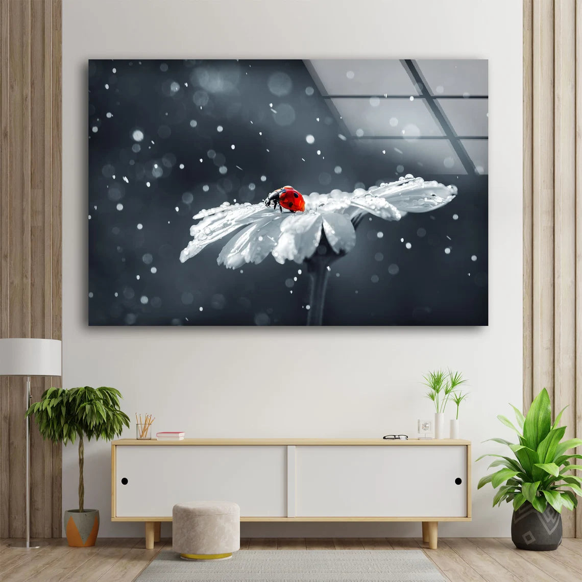 Lady Bird on White Flower Snow Photograph Acrylic Glass Print Tempered Glass Wall Art 100% Made in Australia Ready to Hang