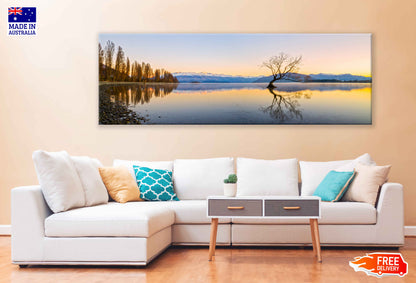 Panoramic Canvas Wanaka Tree on Lake Scenery Photograph High Quality 100% Australian Made Wall Canvas Print Ready to Hang