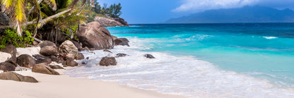 Panoramic Canvas Rocks on Sandy Beach View Photograph High Quality 100% Australian Made Wall Canvas Print Ready to Hang
