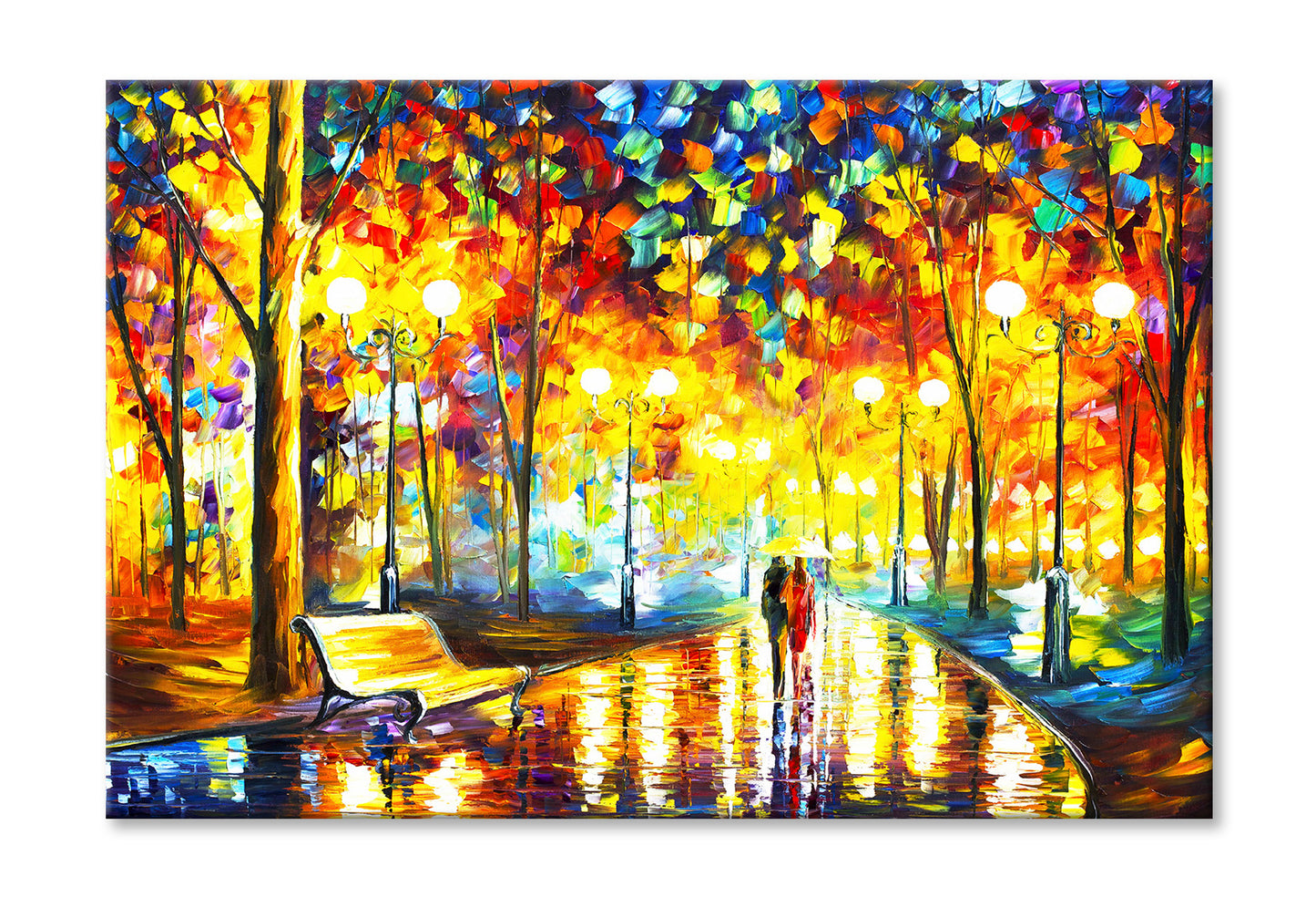 Couple Walking on Road with Autumn Trees Oil Painting Wall Art Limited Edition High Quality Print Stretched Canvas None