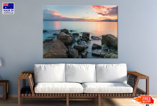 Rocks Seashore During Sunset View Photograph Print 100% Australian Made
