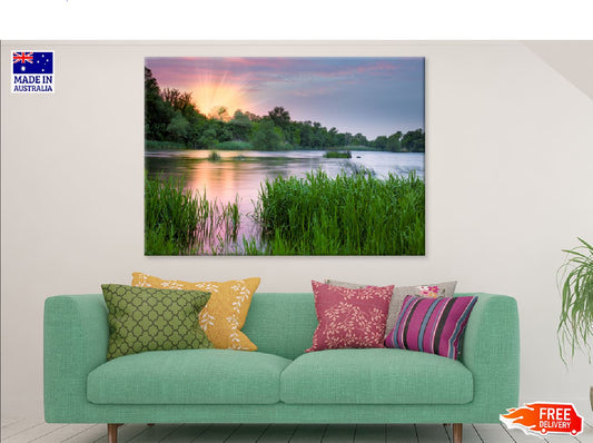 Grass on River Sunrise Scenery Photograph Print 100% Australian Made