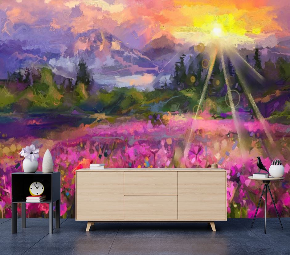 Wallpaper Murals Peel and Stick Removable Flower Field Watercolor Painting High Quality