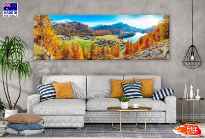 Panoramic Canvas Autumn Trees on Hill View Photograph High Quality 100% Australian Made Wall Canvas Print Ready to Hang