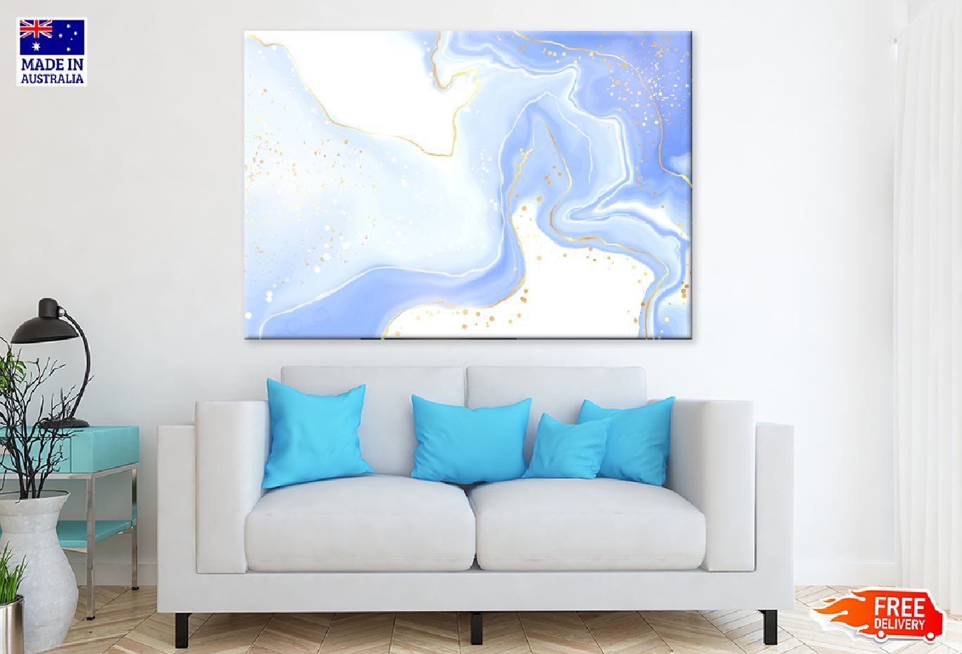 White Blue & Gold Splash Abstract Design Print 100% Australian Made