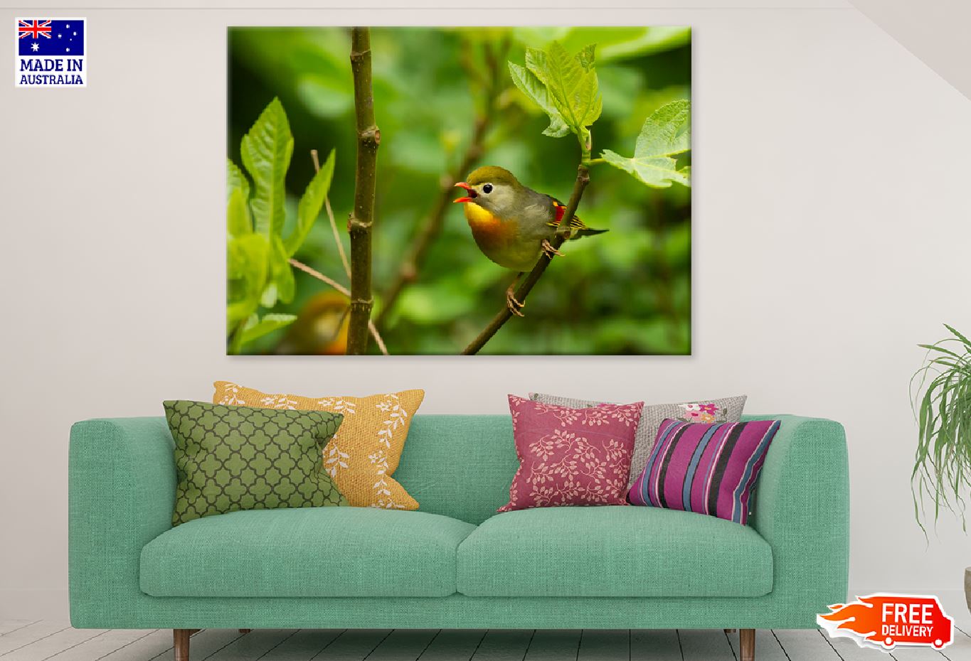 Leiothrix Bird Perched on Tree Photograph Print 100% Australian Made