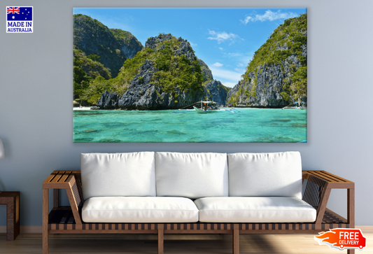 Boat On Sea & Mountain View Print 100% Australian Made