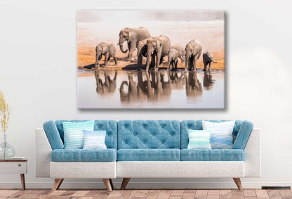 Bella Home Elephant Family Drinking Water From a Lake Print Canvas Ready to hang