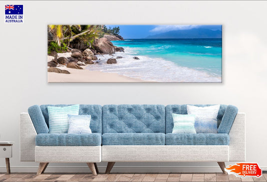 Panoramic Canvas Rocks on Sandy Beach View Photograph High Quality 100% Australian Made Wall Canvas Print Ready to Hang