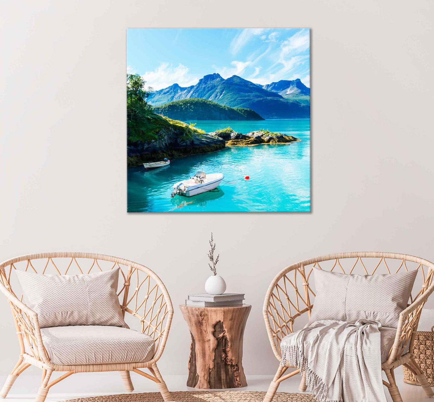 Square Canvas Mountains Lake With Boats High Quality Print 100% Australian Made